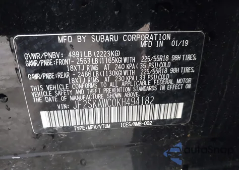 2019 Subaru Forester Touring from USA, damaged, VIN JF2SKAWC0KH494182